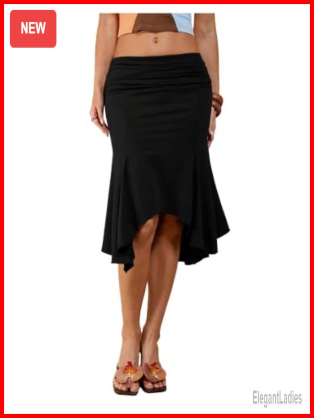 Floerns Ruffle Hem Ruched Waist Asymmetrical Midi Skirt